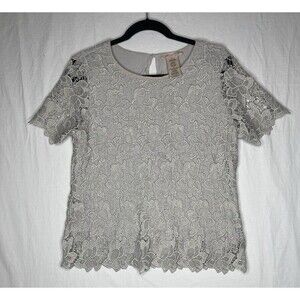Philosophy Gray Floral Lace Overlay Short Sleeve Womens Top Blouse Size S